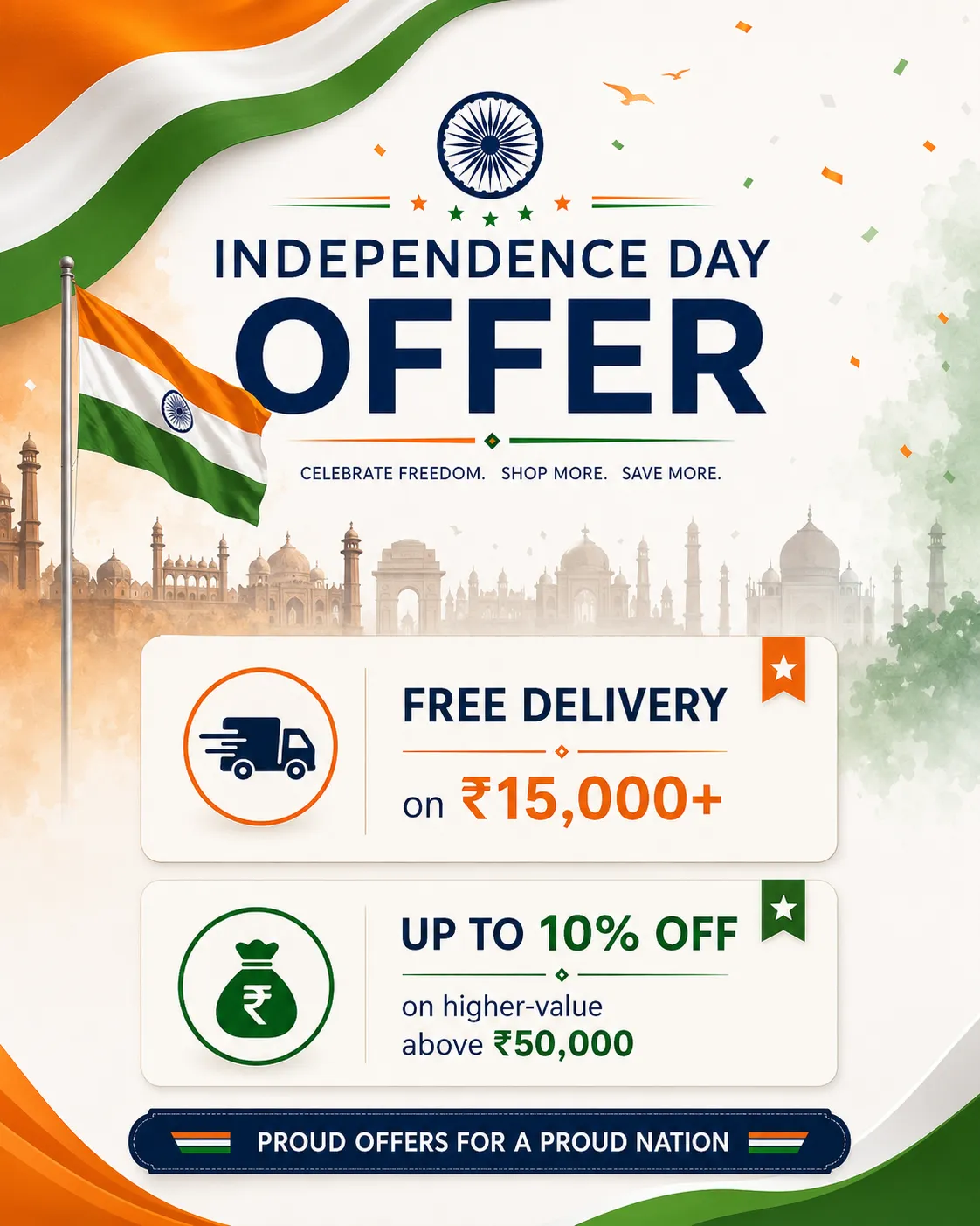 Independence Day offer — free delivery on ₹15,000+ and up to 10% off above ₹50,000