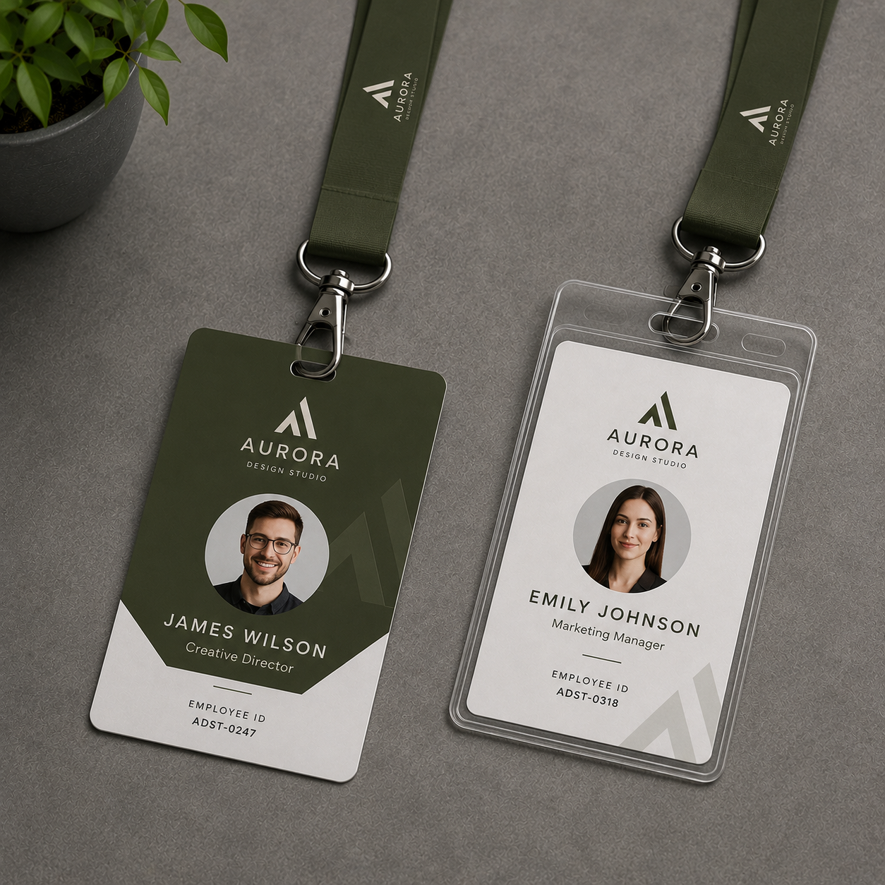 Custom PVC and paper employee ID cards with photo, barcode and lanyards for offices and institutions